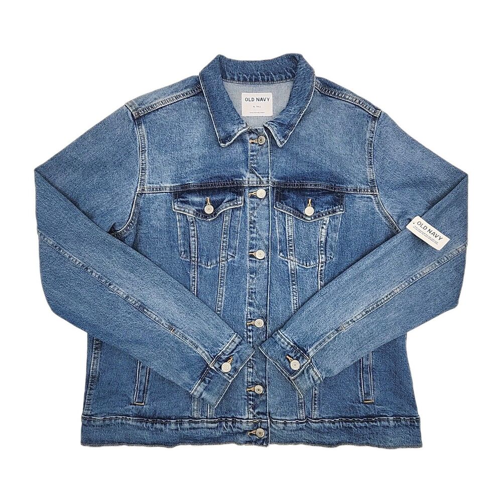 Old Navy Denim Jacket Women Sz XL Tall Medium Wash Stretch Button Trucker NEW
